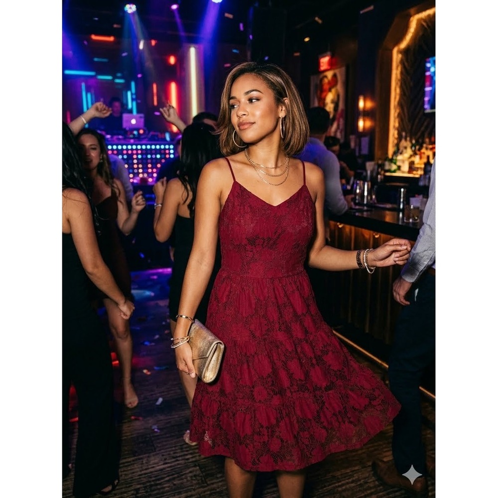 Monteau Los Angeles Lace Dress M Burgundy Tiered Spaghetti Strap Fit Flare NWT